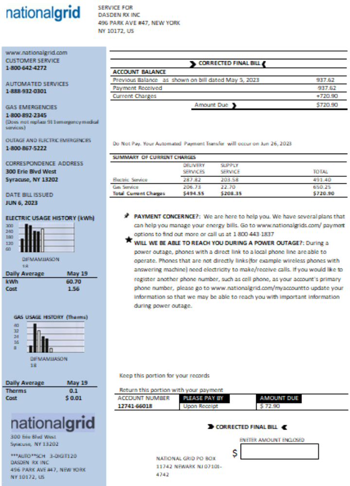 New York National Grid utility business bill, Word and PDF template SCR PSD template